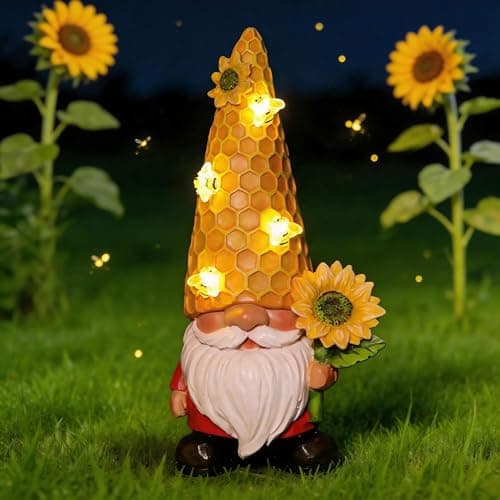 REYISO 12.3''Garden Sunflower Gnomes Outdoor Statues Clearance for Garden Decor with Solar Bee Lights,Summer Decorations Gnomes Outside Decor - Gifts for Mom Woman,Yard Art Ornament for Patio Lawn - Image 1