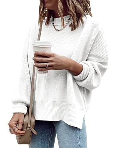 Imily Bela Womens Oversized Tunic Sweaters Fall Slouchy Long Sleeve Ribbed Knit Side Slit Pullover Jumper White - Image 1