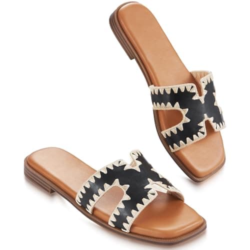 KENMITDY Womens Sandals Slip On Fashion Flat Sandals Soft Memory Foam Slides Comfortable Leather Open Toe Slide For Summer Dressy 2026 Size 9 - Image 1