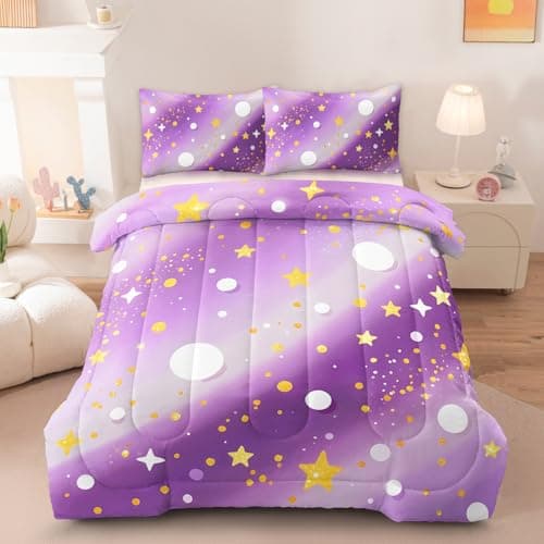 HICAND 3 Pcs Twin Bedding Sets for Girls, Purple Glitter Rainbow Twin Size Bed Set, Stars Galaxy Bedding Comforter Set for Girls - Image 1