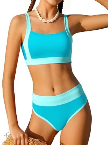 AMAWMW Girls Swimsuits Two Piece Bikini Set Color Block Bathing Suit with Adjustable Strap Girls' Swimwear 7-16Y, Light Blue, 9-10 Years