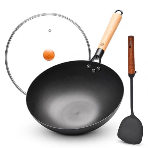 WANGYUANJI 12.6 Inch Carbon Steel Wok Pan with Glass Lid and Spatula, Nitrided Flat Bottom Stir Fry Pan, Uncoated Chinese Iron Wok for Gas, Electric, Ceramic and Induction Cooktops - Image 1