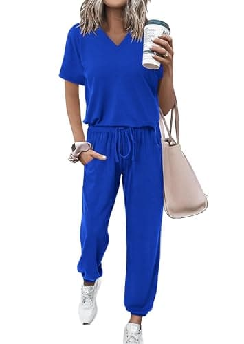 MASCOMODA Womens 2 Piece Outfits Summer Casual V Neck Short Sleeve Tops Long Pants Tracksuit Lounge Jogger Set with Pockets(Royal Blue,Small) - Image 1