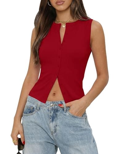 Gleeneat Womens Button Down Up Going Out Sleeveless Ribbed Cropped Tank Tops 2026 Trendy Cute Summer Sexy Slim Fit Crop Basic Vest Top Y2K Shirts Spring Outfits Clothes Dupes Red - Image 1