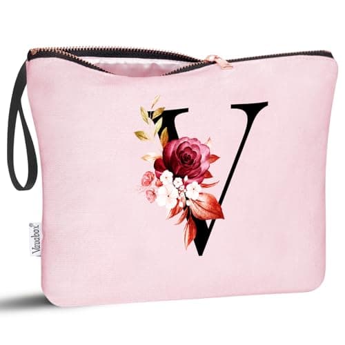 Vavabox A-Z Personalized Makeup Bag, Birthday Gifts for Women Mom, Gifts for Best Friend, Bride Bridesmaid Cosmetic bag (V, Pink) - Image 1