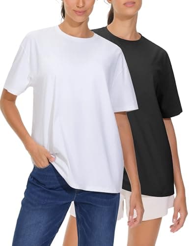 THE GYM PEOPLE 2 Pack Women's Oversized T Shirts Casual Loose Fit Short Sleeve Tops Summer Crewneck Basic Tees Black/White - Image 1