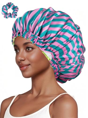 Vettres Silk Hair Bonnet for Sleeping with Scrunchie Adjustable Sleep Bonnets Double Layer Satin Sleep Cap for Curly Hair Red Green Stripes - Image 1
