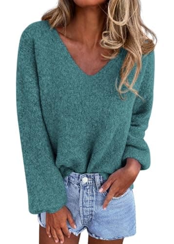 KIRUNDO Sweaters for Women Fall 2026 Oversized V Neck Cozy Cute Casual Long Sleeve Knit Pullover Trendy Winter Clothing(Blue Green, Small) - Image 1