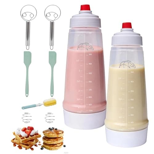 Pancake Batter Dispenser Bottle Kit with 7 Accessories, 1000ml Silicone Squeeze Pancake Mixer Bottle with Whisk Ball and Stand Base, Pancake Shaker Bottles for Cupcakes Muffins Waffle Crepes(2pack) - Image 1