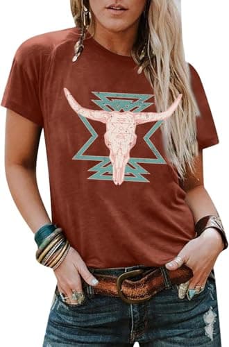 Western Shirts for Women Vintage Cow Skull Graphic Tshirts Casual Cowgirl Short Sleeve Tee Top - Image 1