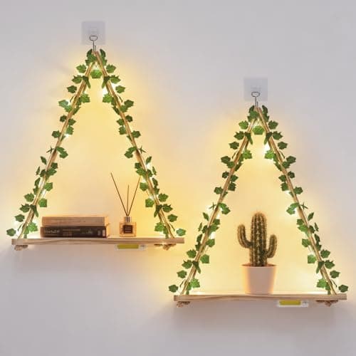 RICHER HOUSE Macrame Floating Shelves for Wall No Drilling, Boho Hanging Shelf with Artificial Ivy and LED Lights, Plant Wall Decor for Living Room Bedroom Dorm - Image 1