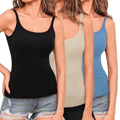 Totatuit Women 3 Pack Ribbed Tank Tops Casual Fitted Camisole Square Neck Sleeveless Shirts Cropped Cami Undershirts Base Layer(Black, Nude, Blue) X-Large - Image 1