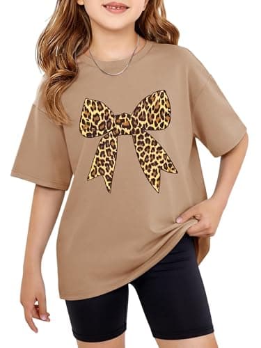 GEMLON Girls Shirts Leopard Bow Print T Shirt Short Sleeve Top Khaki Girls Shirts Size 10-12 - Image 1