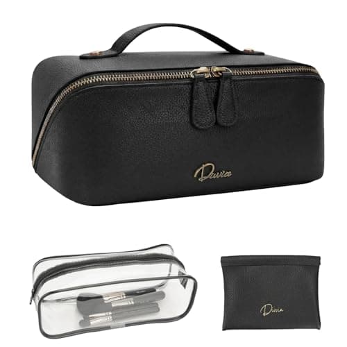 Divvia Travel Makeup Bag Organizer Cosmetic Bag Make up Bags for Women with Handle - Waterproof Vegan Leather Toiletry Bags Travel Essentials Pouch with Compartments (black, Medium) - Image 1