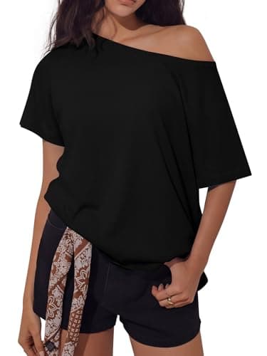 REORIA Women's Off The Shoulder Oversized T Shirts Short Sleeve 2026 Summer Basic Tees for Going Out Loose Fit Casual Daily Wear Black XX-Large - Image 1