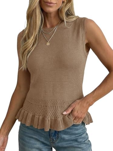 LaGracia Cropped Tank Tops for Women Sleeveless Crochet Sweaters Vest Lightweight Babydoll Crop Tops Summer Boho Beach Vacation Outfits Khaki M - Image 1