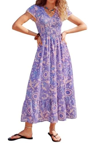 Summer Maxi Purple Dress for Woman 2026, Casual V Neck Short Sleeve Wedding Guest Dresses, Flowy Long Boho Spring Clothes S - Image 1