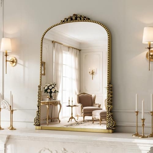24x32 inch Arched Bathroom Mirror - Wall Vanity Mirror with Beautiful Retro Top and Bottom Engraving Process Frame, for Entryway, Fireplace, Living Room, Hallway or Wall Decor (Upgrade Tempered Glass) - Image 1