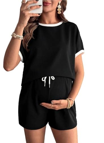 BLENCOT Womens Plus Size Pajamas Short Sleeve Tops and Shorts Set Casual Colorblock Summer Outfits Maternity Clothes with Pockets Black XX-Large - Image 1