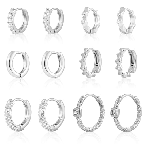 Wgoud Small Gold Hoop Earrings Set for Women, 6 Pairs 14K Gold Plated Hypoallergenic Lightweight Huggie Hoops Earrings, Trendy Cartilage Cubic Zirconia Earrings for Women Gifts. (B-Silver) - Image 1