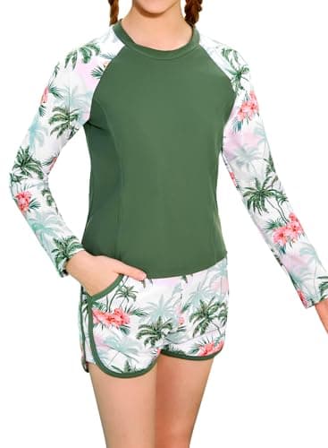 Alakuoti Girls Rash Guard Swimsuit Two Piece Bathing Suit UPF 50+ Sun Protection Long Sleeve Swimwear Size 10 Green Coconut Tree - Image 1