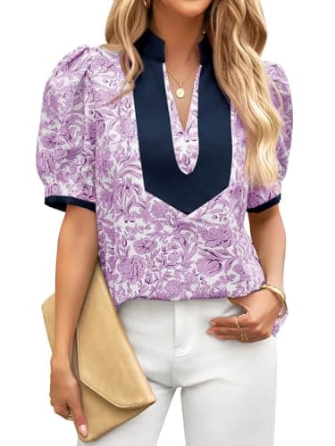 Cicy Bell Womens Floral Short Puff Sleeve Tops V Neck Patchwork Boho Summer Vacation Casual Blouses Purple - Image 1