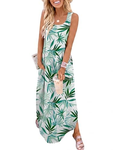 ANRABESS Summer Dresses for Women 2026 Sleeveless Square Neck Maxi Beach Sundress Loose Fit Casual Vacation Tank Dress Green White Floral Small