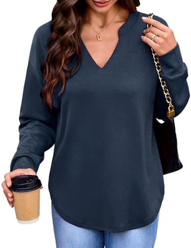 Totatuit Sweatshirts for Women V Neck Long Sleeve Shirts Loose Lightweight Curved Hem Casual Pullover Tops 2025 Fall Navy Medium - Image 1