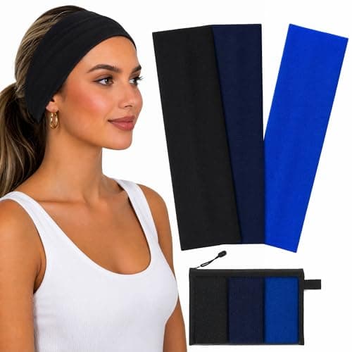 WENNKINN Headbands for Women Non Slip, Soft 95% Cotton Elastic Cloth Hairband for Workout Gym Running Sports, Sweat Wicking Wide Headband, 3 Pack with Bag (Black, Navy Blue, and deep Blue)