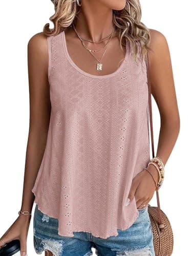 ATHMILE Womens Tank Tops Sleeveless Eyelet Embroidery Scoop Neck Loose Fit Casual Summer Flowy Beach DarkPink - Image 1