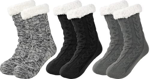 BenSorts Mens Warm Slipper Socks with Grips Cozy Gifts Fuzzy Fleece Winter Non Slip Indoor Christmas 3 Packs Black Gray Multicolor - Image 1
