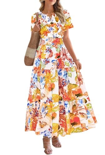 BTFBM Womens Summer Floral Maxi Dresses V Neck Short Sleeve Boho Casual Flowy Long Wedding Guest Dress Beach Vacation(Floral Multicolored, XX-Large) - Image 1
