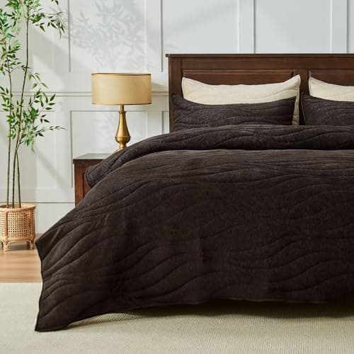 DOWN HOME Crinkle Textured Velvet Quilt Set with Shams, All-Season Luxury Modern Bedding,Easy Care Comforter,Ultra-Soft,Lightweight & Breathable, Queen, Antique Brown - Image 1