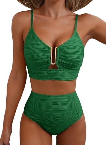 Herseas Sexy Bikini Sets for Women V-Wired Textured Cutout Swimsuit Two Piece High Cut 2026 Summer Modest Tankini Bathing Suit Flattering Beach Outfits Dark Green X-Small - Image 1