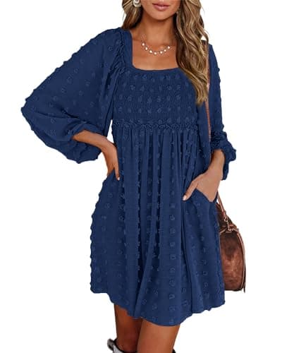 BTFBM Womens Long Sleeve Dress Summer Vacation Square Neck Smocked Floral Mini Boho Spring Wedding Guest Dresses 2026(Swiss Dot Navy, Large) - Image 1