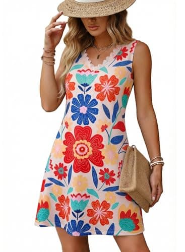 Dokotoo Summer Dresses for Women V Neck Boho Floral Lace Dress Sleeveless Sun Dress Ruffle A Line Casual Beach Dresses Vacation Clothes Red Medium - Image 1