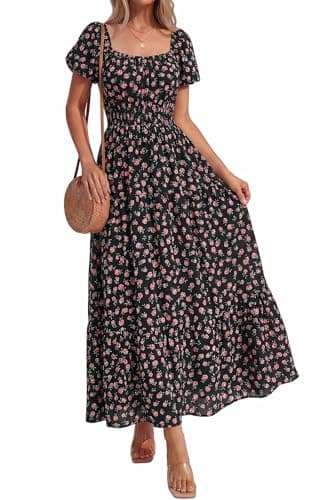 BTFBM Summer Dress for Women 2026 Spring Floral Short Sleeve Casual Flowy A-Line Smocked Tiered Maxi Dresses Pockets(Floral Black Pink, X-Large) - Image 1