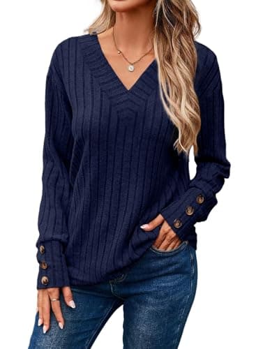 Dokotoo Long Sleeve Shirts for Women V Neck Cute Soft Solid Button Detail Tunic Womens Tops for Women Trendy Blouses Comfortable Oversized Sweaters Womens Clothes Plus Size Fall Fashion 2025 Blue S - Image 1