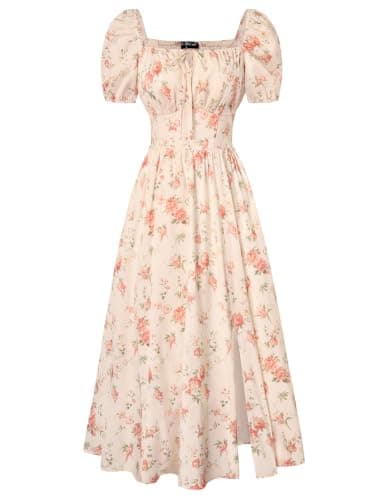 Scarlet Darkness Women's Floral Corset Dress with Split 2026 Summer Spring Square Neck Midi Milkmaid Dresses Beige Orange-Red Floral M - Image 1