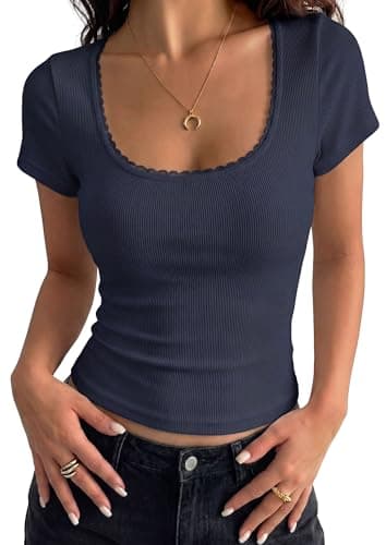 PRETTYGARDEN Women's Short Sleeve Tops 2026 Summer Lace Trim Square Neck Slim Fitted Going Out Basic Tee Shirts Y2K Clothes (Navy Blue,Small) - Image 1