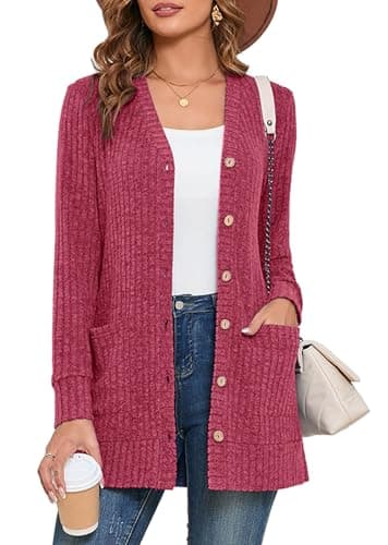 Heymoments Women's Long Sleeve Open Front Cardigan Red Small Button Down Ladies Loose Sweater 2026 Fall Winter Lightweight Knit Outerwear Coat with Pocket - Image 1