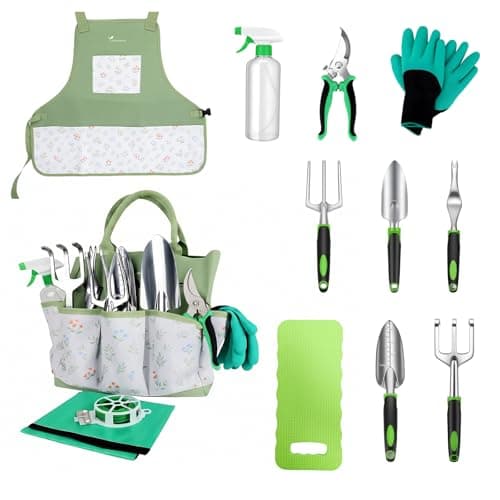 MORROWIND 13-Piece Gardening Tool Set with Stylish Portable Storage Bag and Apron, Heavy-Duty Tools for Women's Everyday Gardening Use, Green