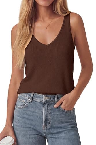 PRETTYGARDEN Women Summer Tank Tops 2026 Basic Sleeveless V Neck Lightweight Knit Beach Vacation Clothes Going Out Top(Brown,Small) - Image 1