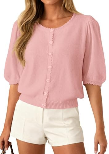 PRETTYGARDEN Puff Short Sleeve Cardigans for Women Lightweight 2026 Summer Shirts Button Up Knit Sweater Tops Spring Clothes (Pink,X-Large) - Image 1