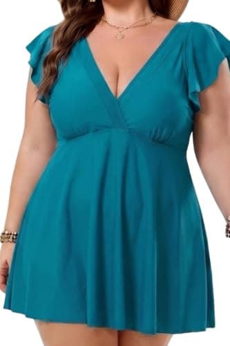 COCOPEAR Plus Size Swimsuit for Women Mesh Swim Dress Ruffle Swim Suits Tummy Control V Neck Bathing Suit Skirt Peacock Blue - Image 1