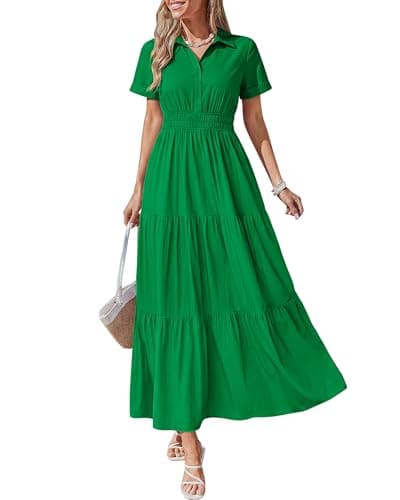 BTFBM Wedding Guest Dresses for Women Beach Fashion Casual Short Sleeve V Neck Solid Spring Summer Boho Maxi Dress (Green,XX-Large) - Image 1