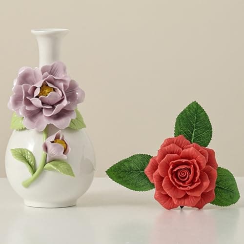 Handmade Pinched Flowers Ceramic Vase with One Ceramic Rose Flower, Home Decor Ceramic Vase for Dining Table, Living Room, Kitchen, Bedroom, Shelf, Office, Coffee Table, Restaurant & Fireplace Mantel