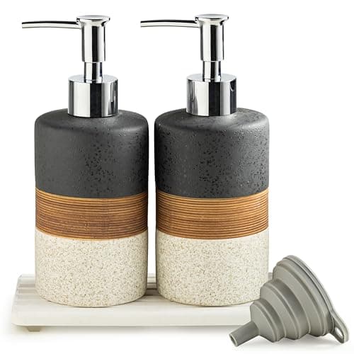 Cormomu Ceramic Dish Soap Dispensers Set(2 Pack), Hand, Dish, Shower Soap Dispenser for Kitchen Sink & Bathroom, Includes Stainless Steel Pump, Silicone Funnel & Diatomaceous Holder, Black - Image 1