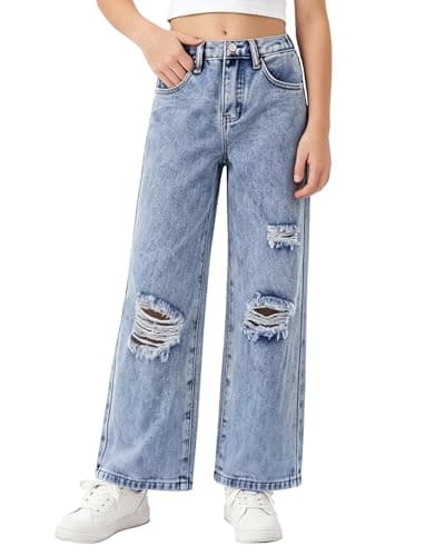 PATPAT Baggy Girls Jeans Wide Leg Denim Pants Ripped High Waist Elastic Y2K Trendy Jeans for Teens with Pockets Light Blue 13-14Y - Image 1