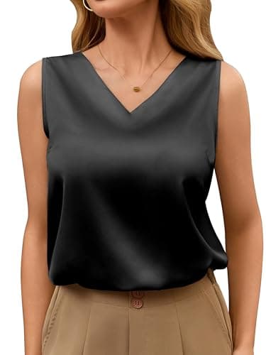 MOYEE Womens Silk Satin Sleeveless Tank Top Soft V-Neck Camisole Shirt Summer Basic Blouses Black - Image 1